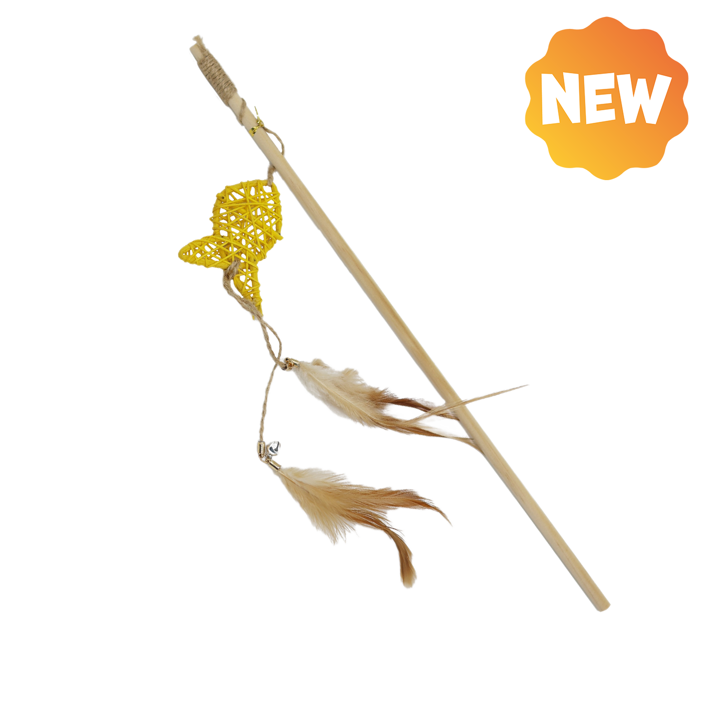 UNIQ PETS CAT TOY SWISHY Wooden Fishing Rod with Braided Fish and Feather 40-47cm (Random Colour)