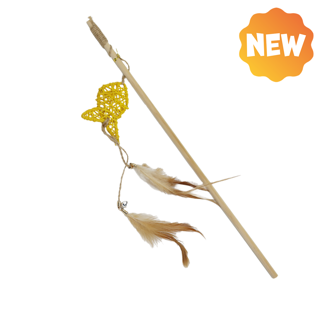 UNIQ PETS CAT TOY SWISHY Wooden Fishing Rod with Braided Fish and Feather 40-47cm (Random Colour)
