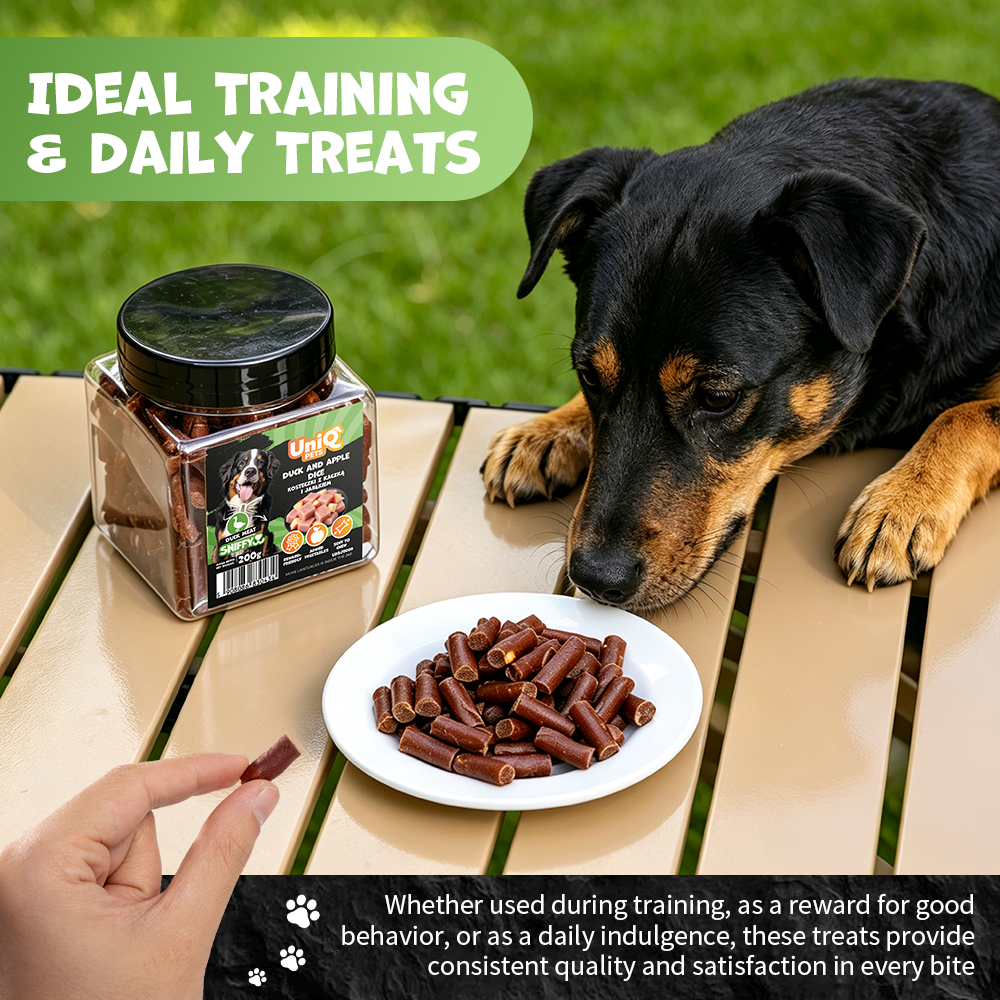 UNIQ PETS DOG SNACKS SNIFFY Duck+Apple Dice 200g Jar