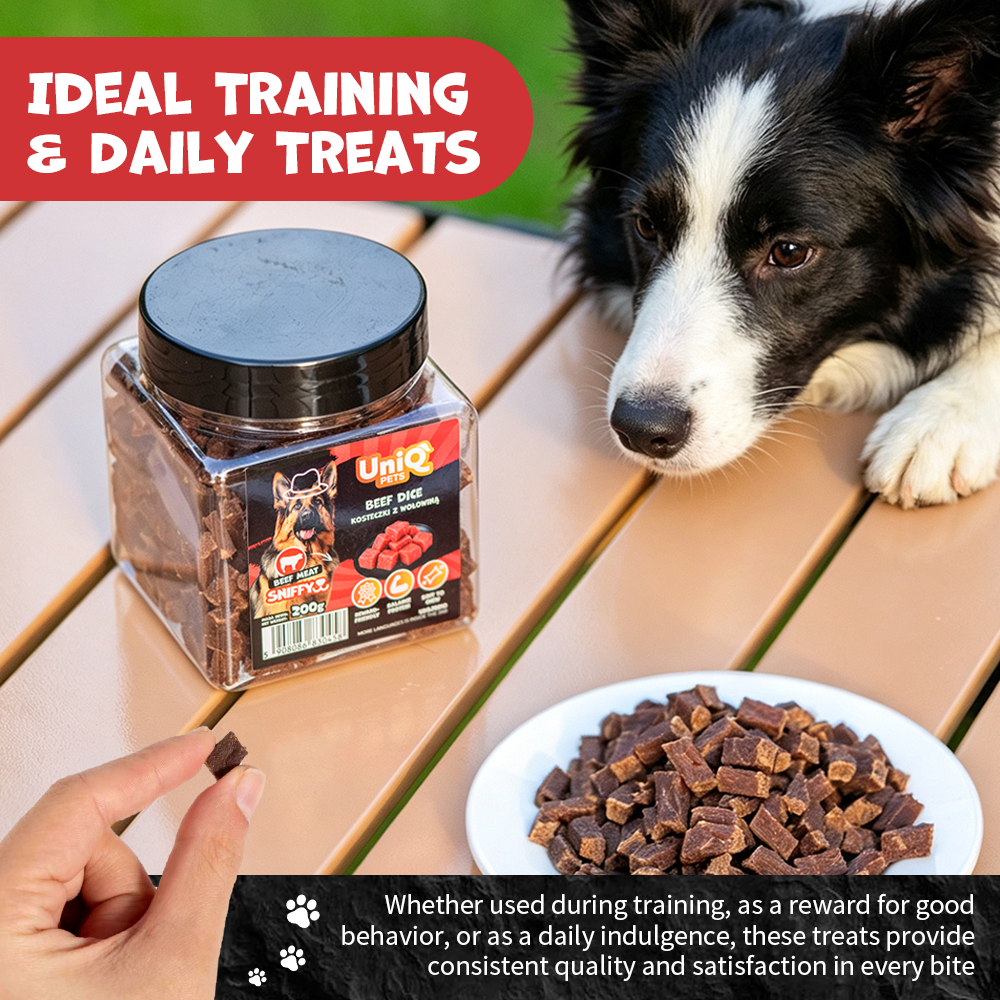 UNIQ PETS DOG SNACKS SNIFFY Beef Dice 200g Jar