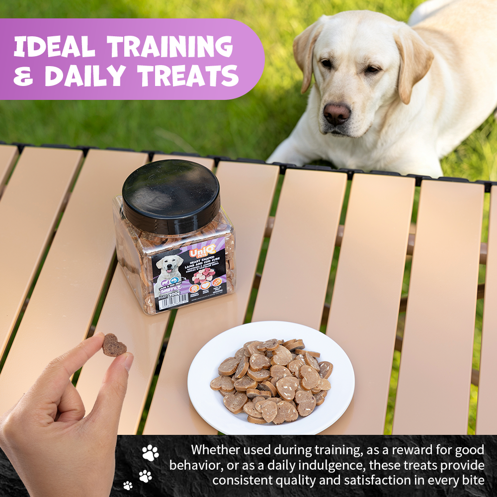 UNIQ PETS DOG SNACKS SNIFFY Heart Shaped Lamb+Cod Cube 200g Jar
