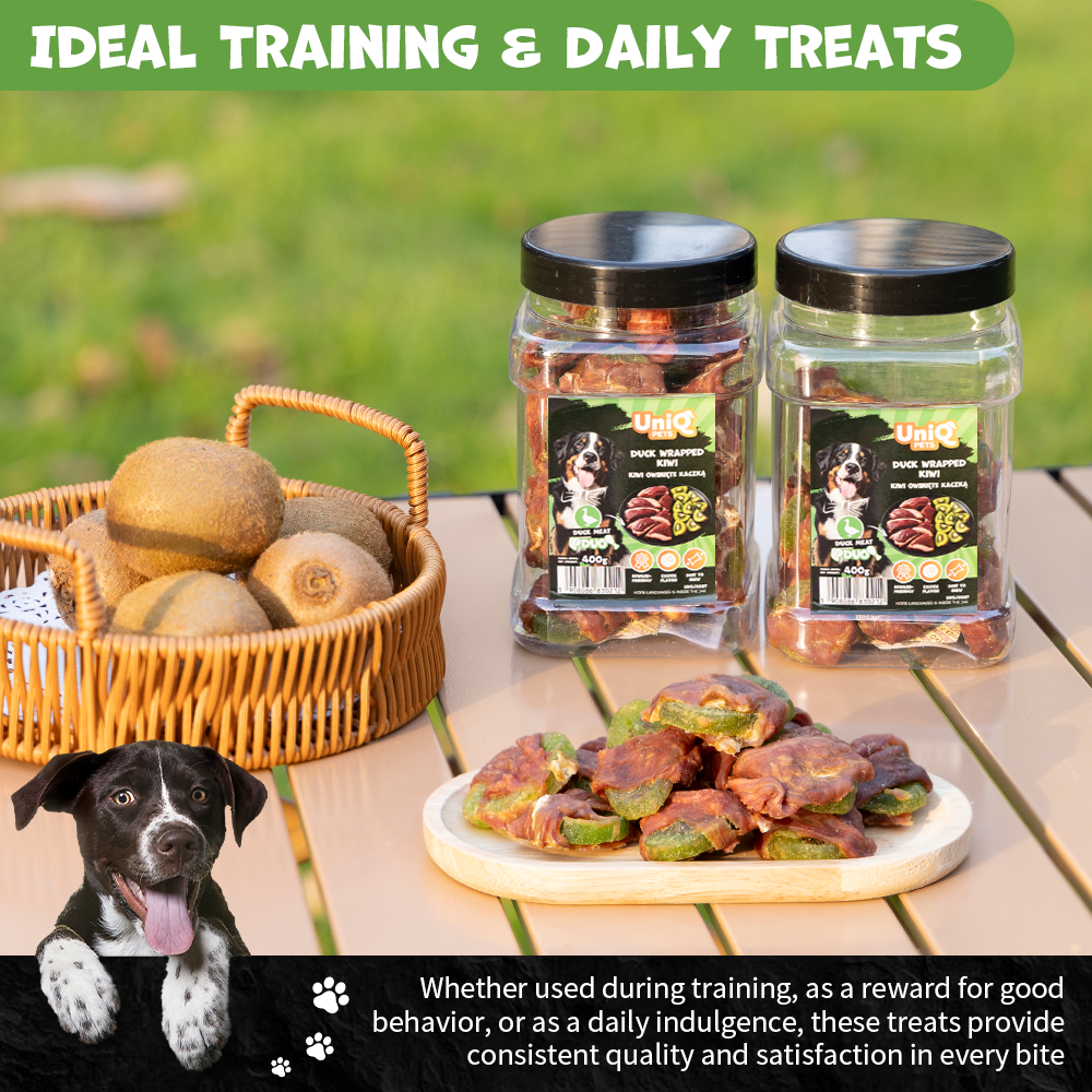 UNIQ PETS DOG SNACKS DUO Duck Wrapped Kiwi 400g Jar
