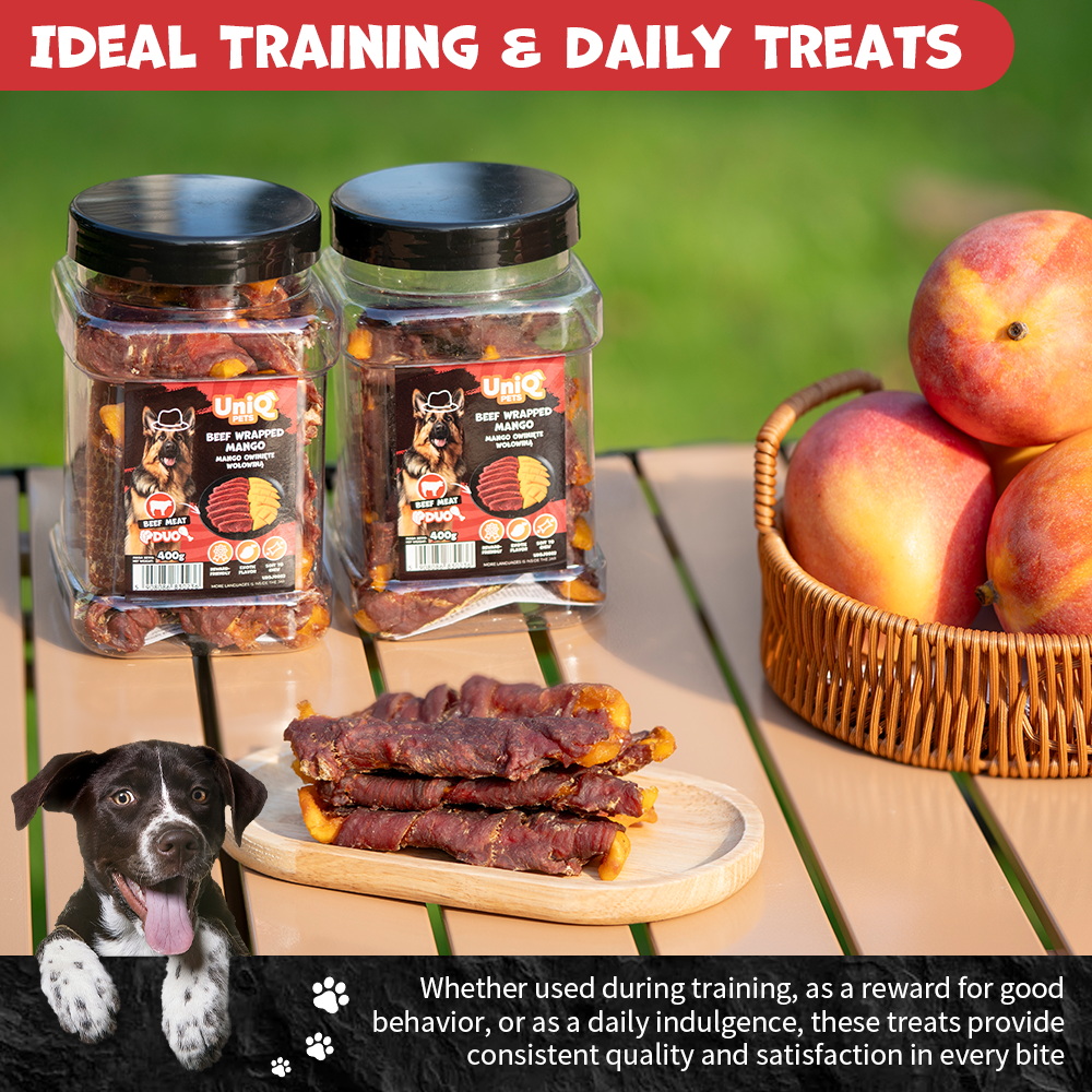 UNIQ PETS DOG SNACKS DUO Beef Wrapped Mango 400g Jar