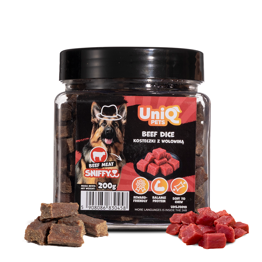 UNIQ PETS DOG SNACKS SNIFFY Beef Dice 200g Jar