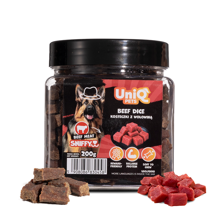 UNIQ PETS DOG SNACKS SNIFFY Beef Dice 200g Jar