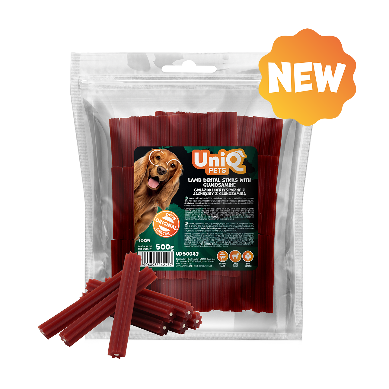 UNIQ PETS DOG SNACKS DENTAL Lamb Dental Sticks with Glucosamine 10cm 500g