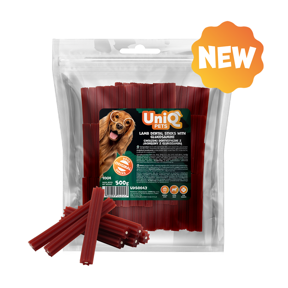 UNIQ PETS DOG SNACKS DENTAL Lamb Dental Sticks with Glucosamine 10cm 500g