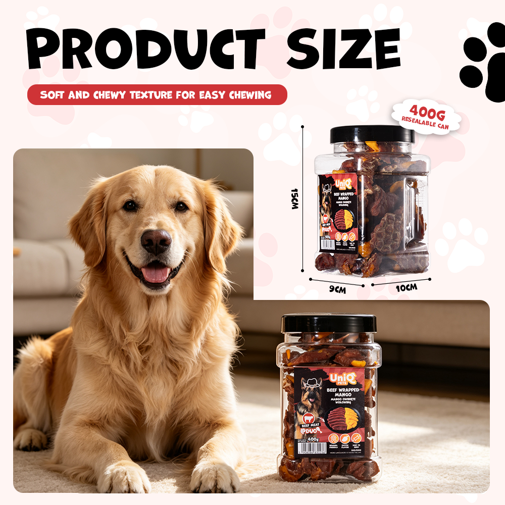 UNIQ PETS DOG SNACKS DUO Beef Wrapped Mango 400g Jar