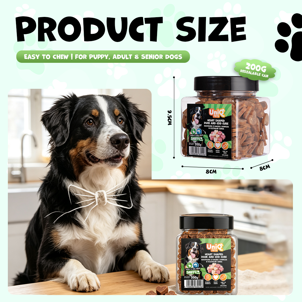 UNIQ PETS DOG SNACKS SNIFFY Heart Shaped Duck+Cod Cube 200g Jar