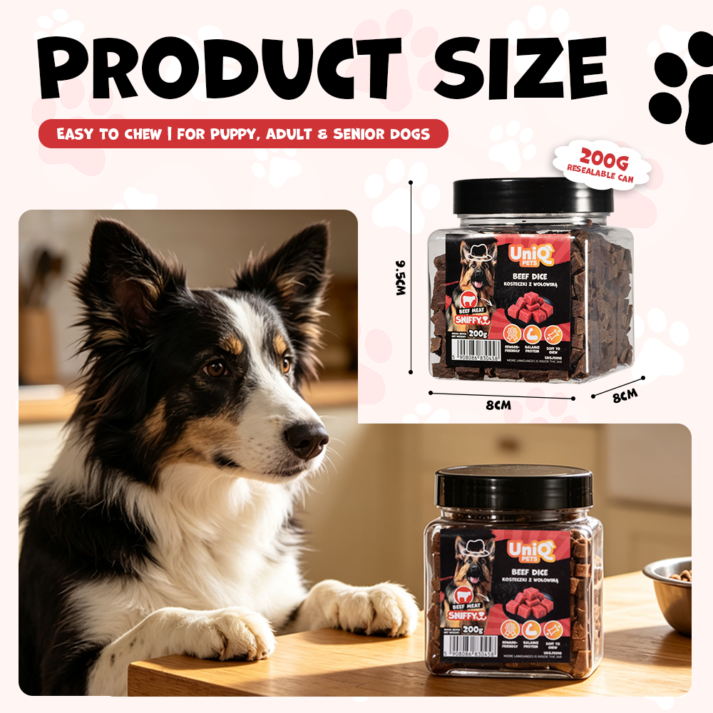 UNIQ PETS DOG SNACKS SNIFFY Beef Dice 200g Jar