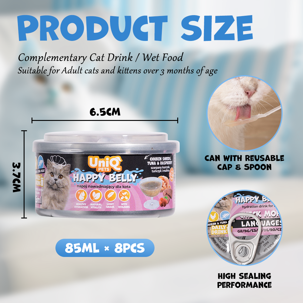 UNIQ PETS CAT WET DAILY DRINK HAPPY BELLY Chicken Shreds, Tuna & Raspberry 85ml