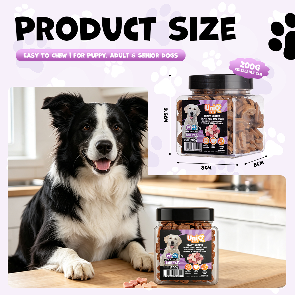 UNIQ PETS DOG SNACKS SNIFFY Heart Shaped Lamb+Cod Cube 200g Jar