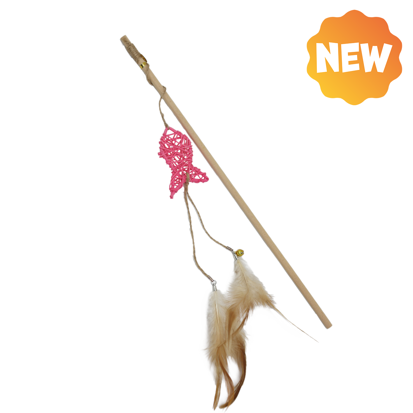 UNIQ PETS CAT TOY SWISHY Wooden Fishing Rod with Braided Fish and Feather 40-47cm (Random Colour)