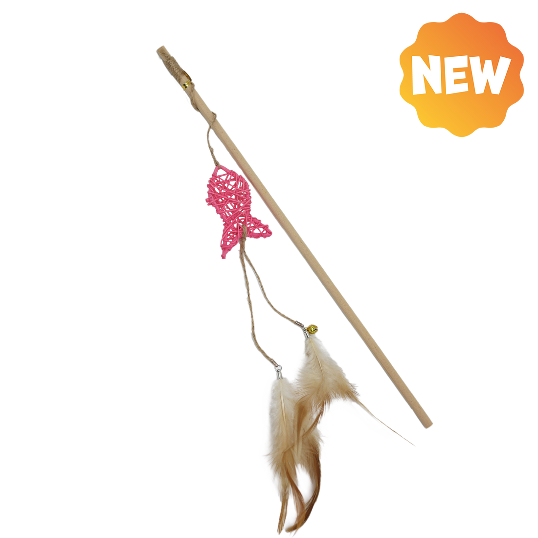 UNIQ PETS CAT TOY SWISHY Wooden Fishing Rod with Braided Fish and Feather 40-47cm (Random Colour)
