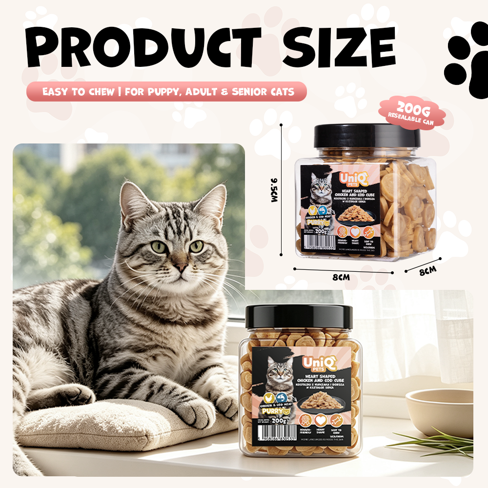 UNIQ PETS CAT SNACKS PURRY Heart Shaped Chicken+Cod Cube Jar 200g