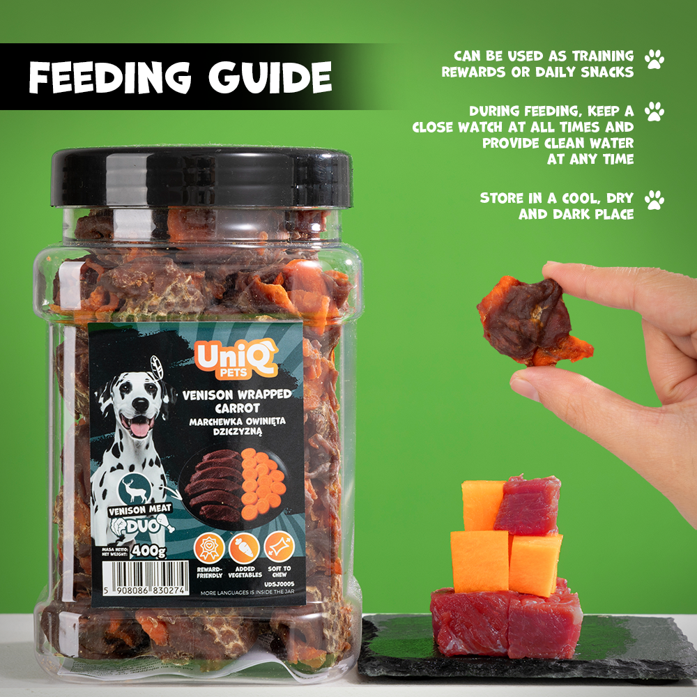 UNIQ PETS DOG SNACKS DUO Venison Wrapped Carrot 400g Jar
