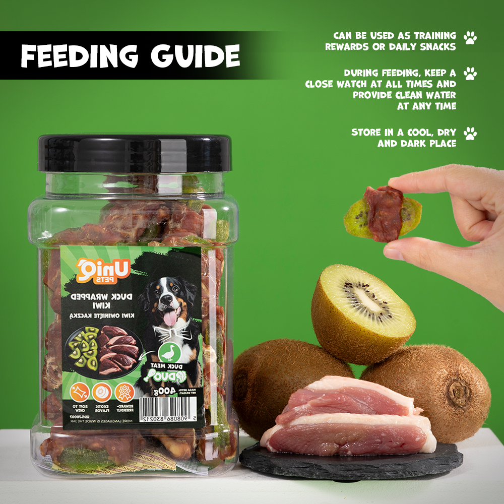 UNIQ PETS DOG SNACKS DUO Duck Wrapped Kiwi 400g Jar