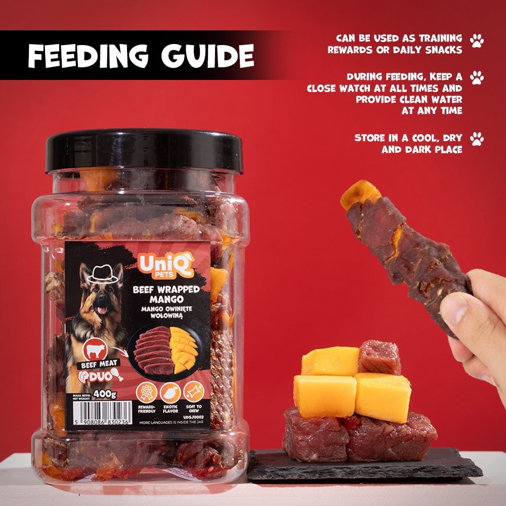 UNIQ PETS DOG SNACKS DUO Beef Wrapped Mango 400g Jar