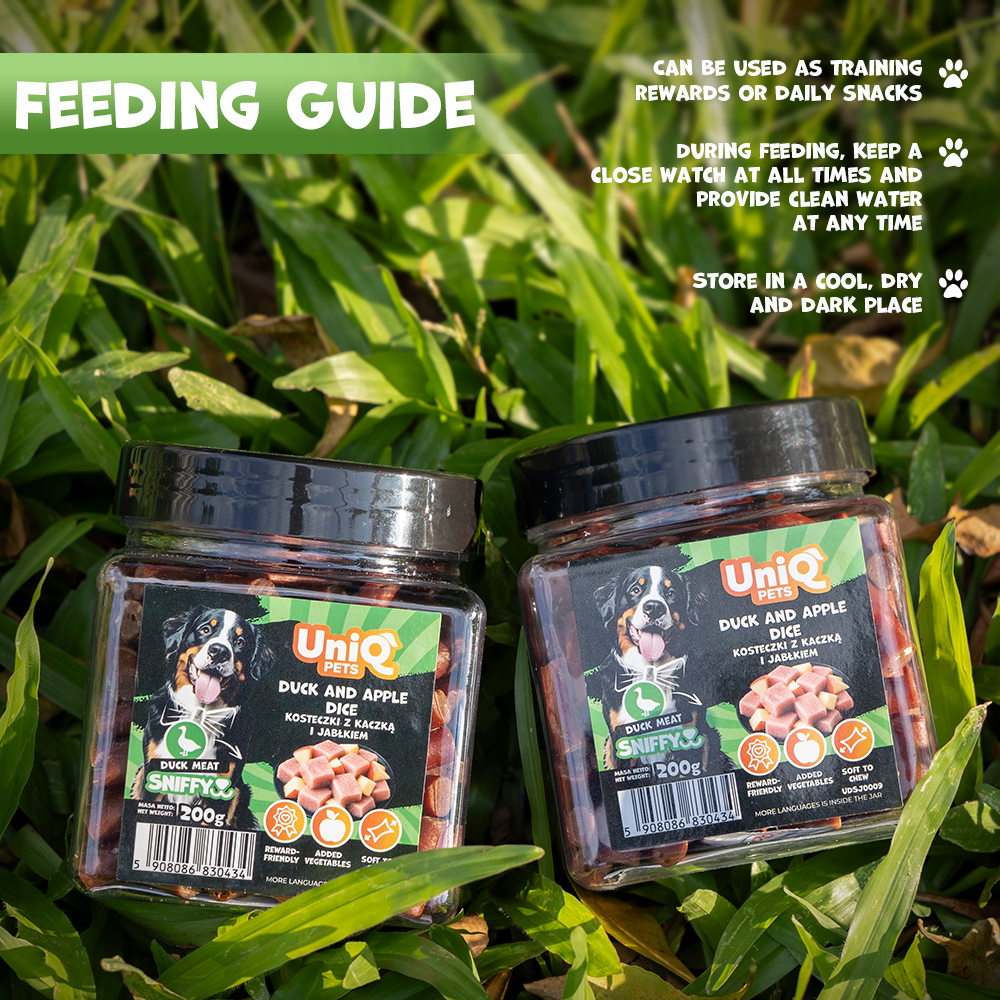 UNIQ PETS DOG SNACKS SNIFFY Duck+Apple Dice 200g Jar