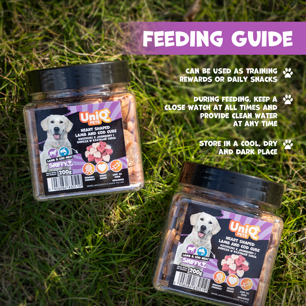 UNIQ PETS DOG SNACKS SNIFFY Heart Shaped Lamb+Cod Cube 200g Jar