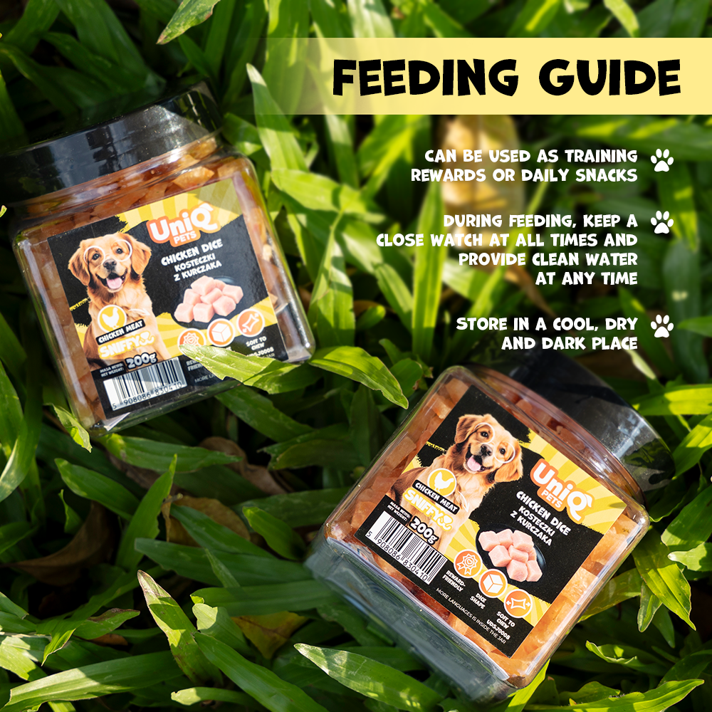 UNIQ PETS DOG SNACKS SNIFFY Chicken + Broccoli Dice 200g Jar