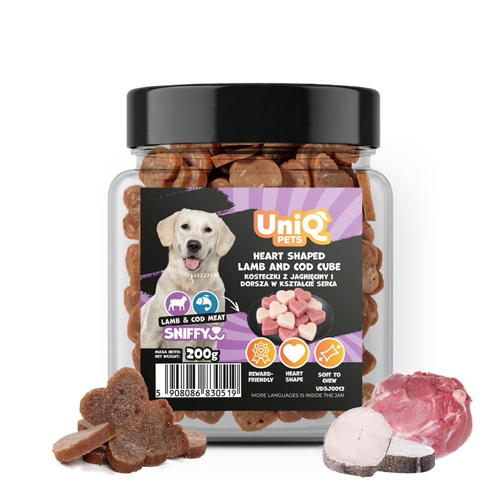 UNIQ PETS DOG SNACKS SNIFFY Heart Shaped Lamb+Cod Cube 200g Jar