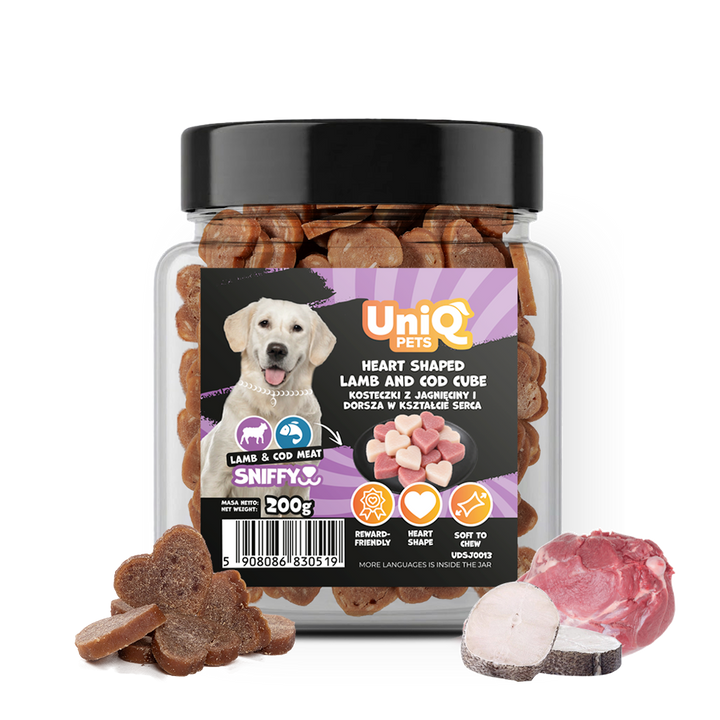 UNIQ PETS DOG SNACKS SNIFFY Heart Shaped Lamb+Cod Cube 200g Jar