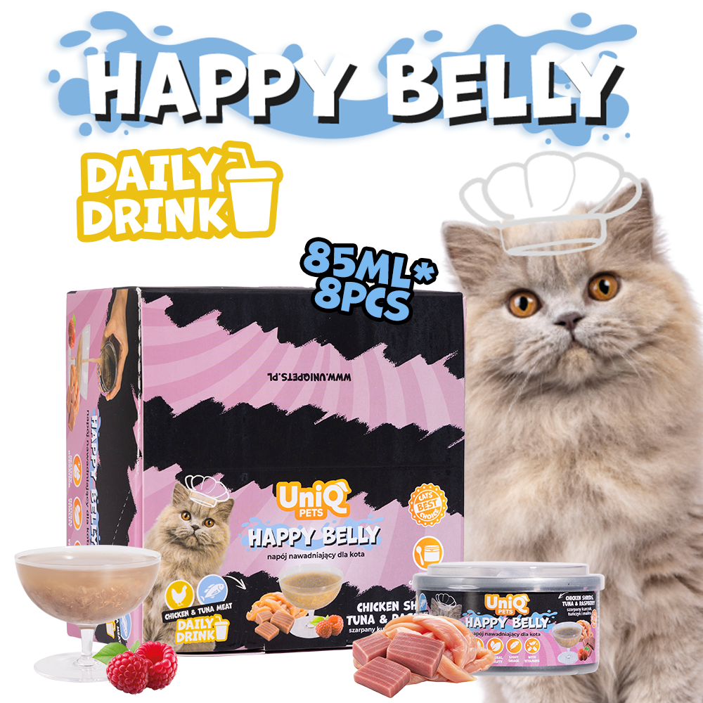 UNIQ PETS CAT WET DAILY DRINK HAPPY BELLY Chicken Shreds, Tuna & Raspberry 85ml