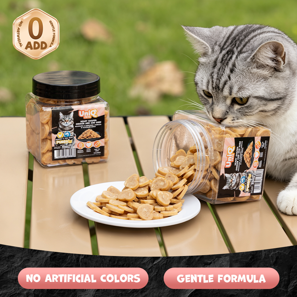 UNIQ PETS CAT SNACKS PURRY Heart Shaped Chicken+Cod Cube Jar 200g