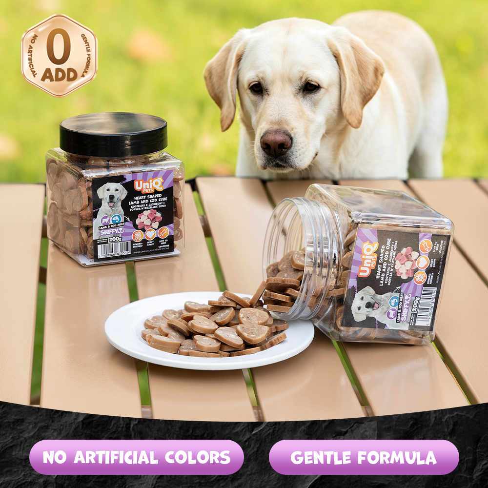 UNIQ PETS DOG SNACKS SNIFFY Heart Shaped Lamb+Cod Cube 200g Jar