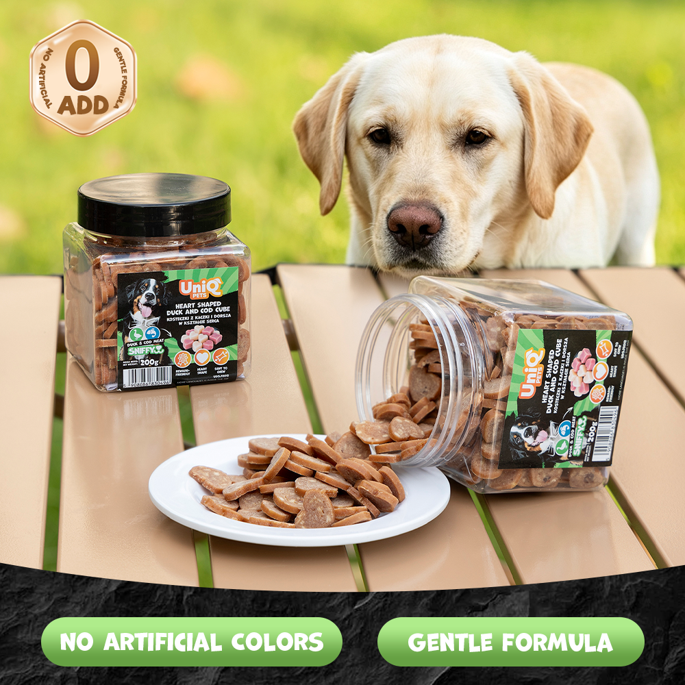 UNIQ PETS DOG SNACKS SNIFFY Heart Shaped Duck+Cod Cube 200g Jar