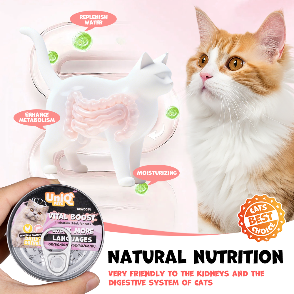 UNIQ PETS CAT WET DAILY DRINK VITAL BOOST Chicken Shreds, Salmon & Blueberry 85ml