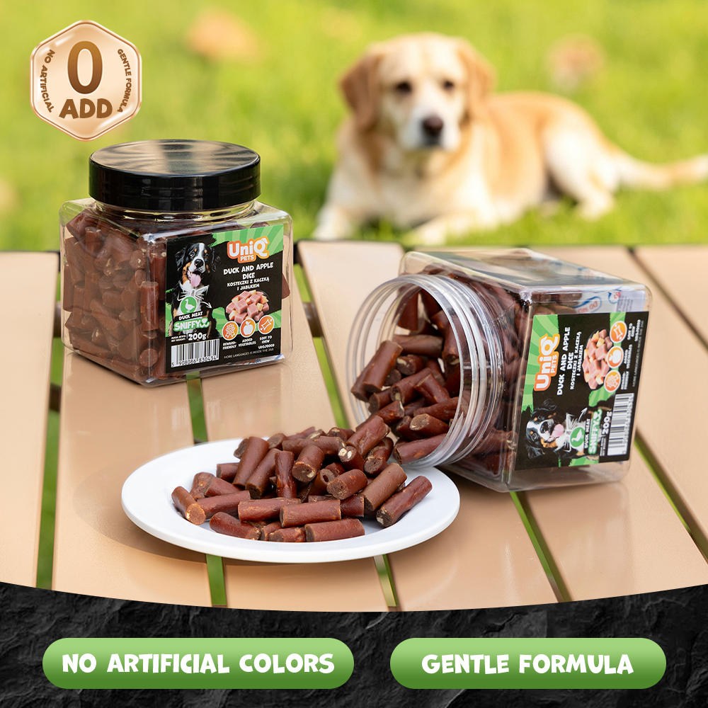 UNIQ PETS DOG SNACKS SNIFFY Duck+Apple Dice 200g Jar