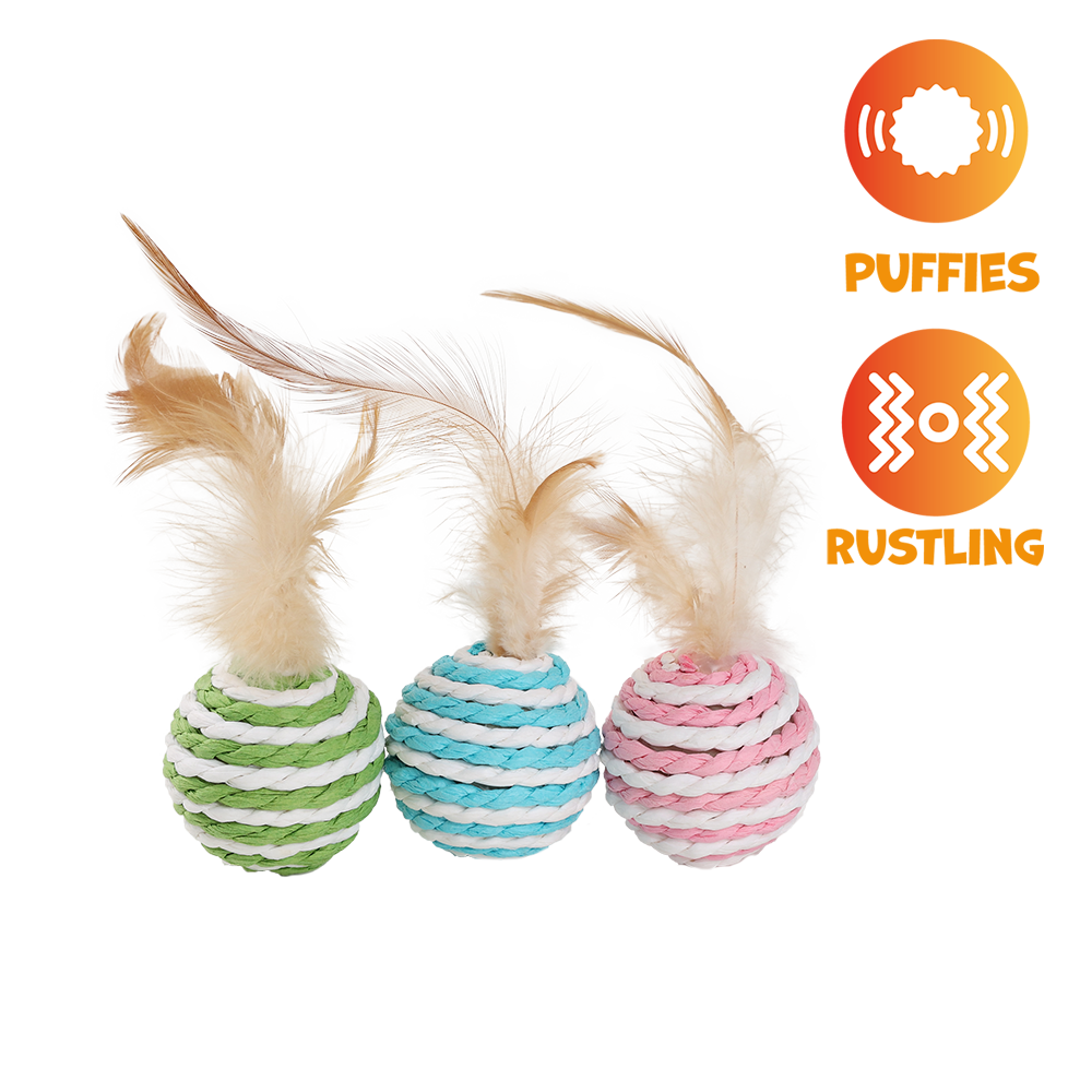 UNIQ PETS CAT TOY PUFFIES Ball From Natural Rope with Feather 4cm (Random Colour)