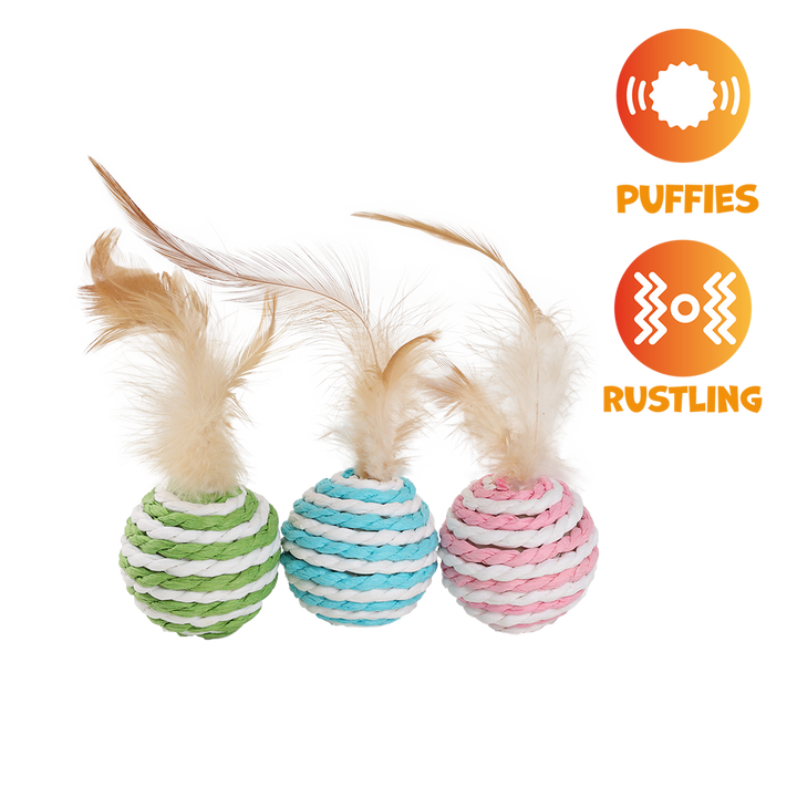 UNIQ PETS CAT TOY PUFFIES Ball From Natural Rope with Feather 4cm (Random Colour)