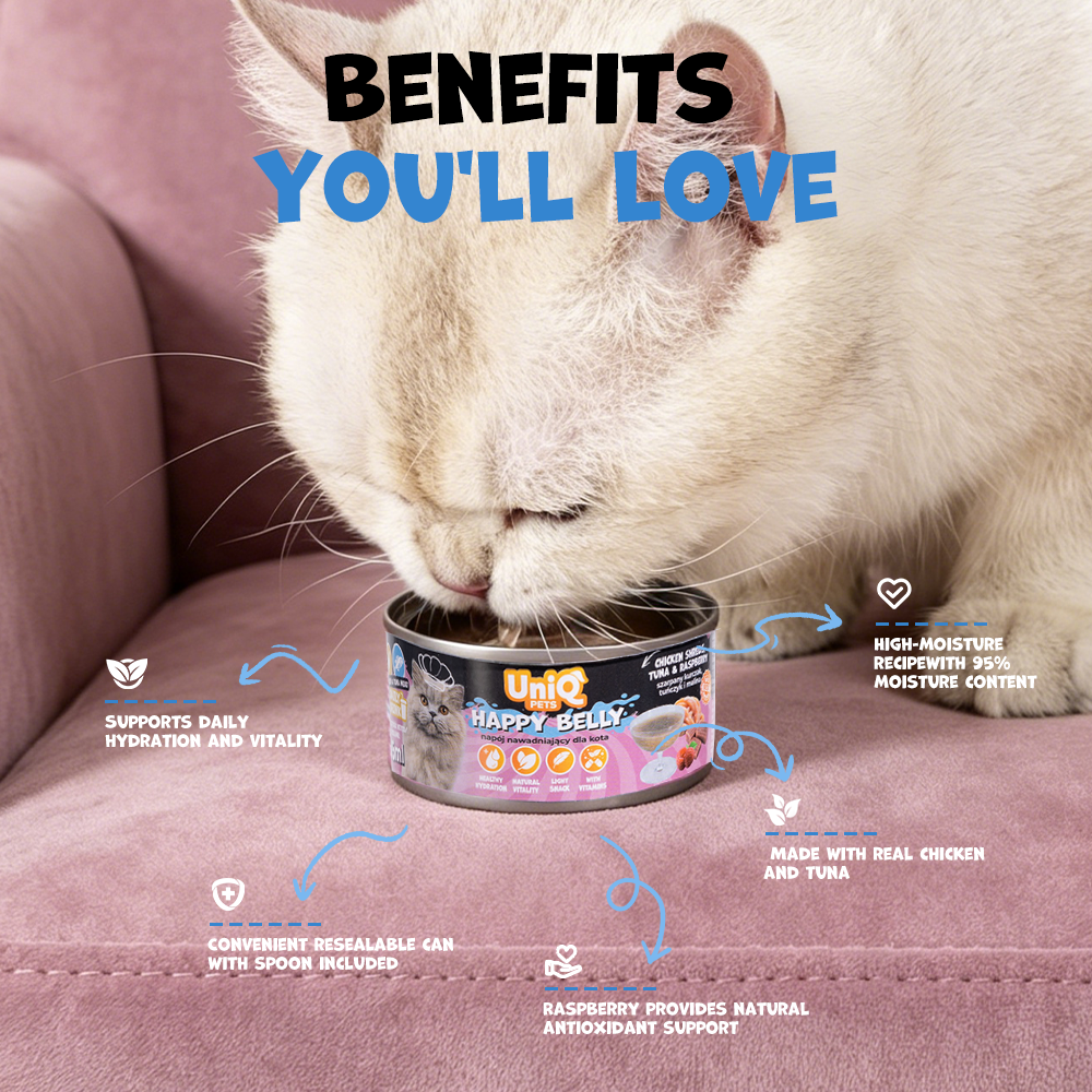 UNIQ PETS CAT WET DAILY DRINK HAPPY BELLY Chicken Shreds, Tuna & Raspberry 85ml