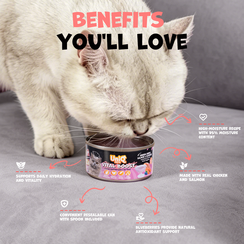 UNIQ PETS CAT WET DAILY DRINK VITAL BOOST Chicken Shreds, Salmon & Blueberry 85ml