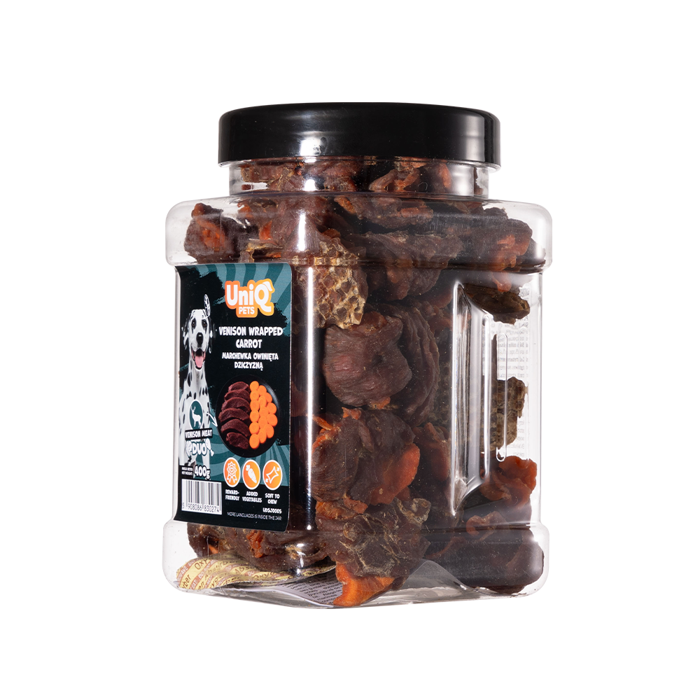 UNIQ PETS DOG SNACKS DUO Venison Wrapped Carrot 400g Jar