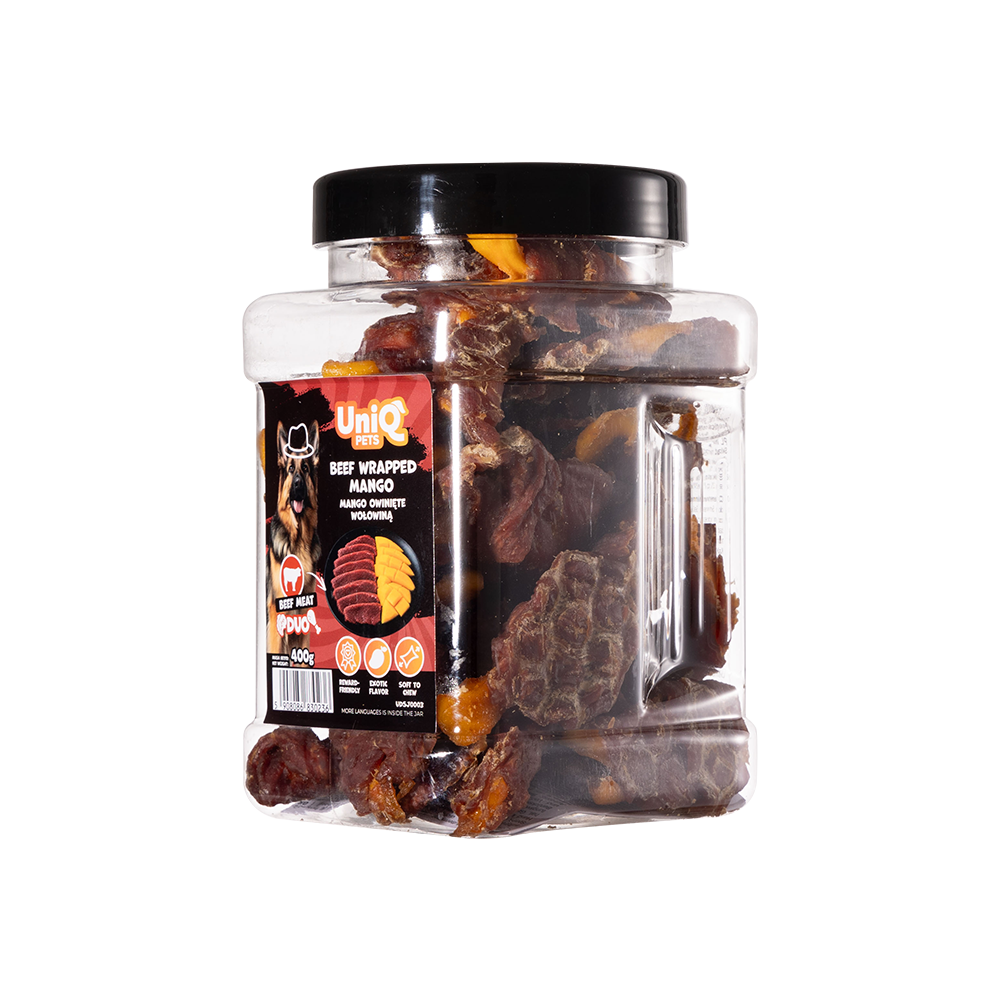UNIQ PETS DOG SNACKS DUO Beef Wrapped Mango 400g Jar