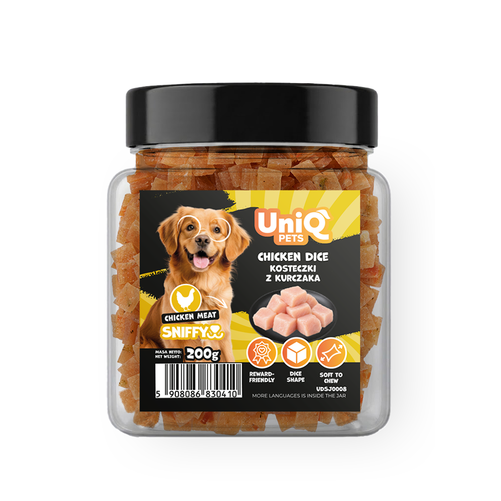 UNIQ PETS DOG SNACKS SNIFFY Chicken + Broccoli Dice 200g Jar