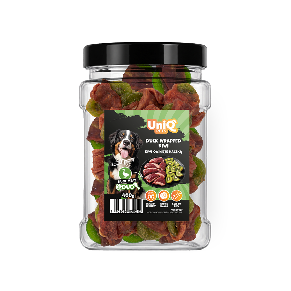 UNIQ PETS DOG SNACKS DUO Duck Wrapped Kiwi 400g Jar