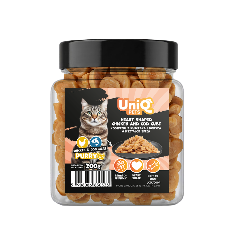 UNIQ PETS CAT SNACKS PURRY Heart Shaped Chicken+Cod Cube Jar 200g
