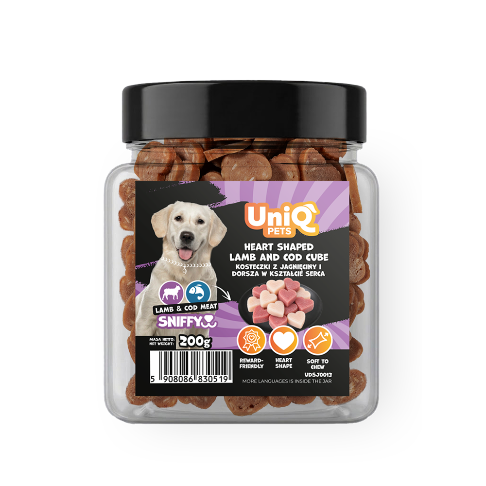 UNIQ PETS DOG SNACKS SNIFFY Heart Shaped Lamb+Cod Cube 200g Jar