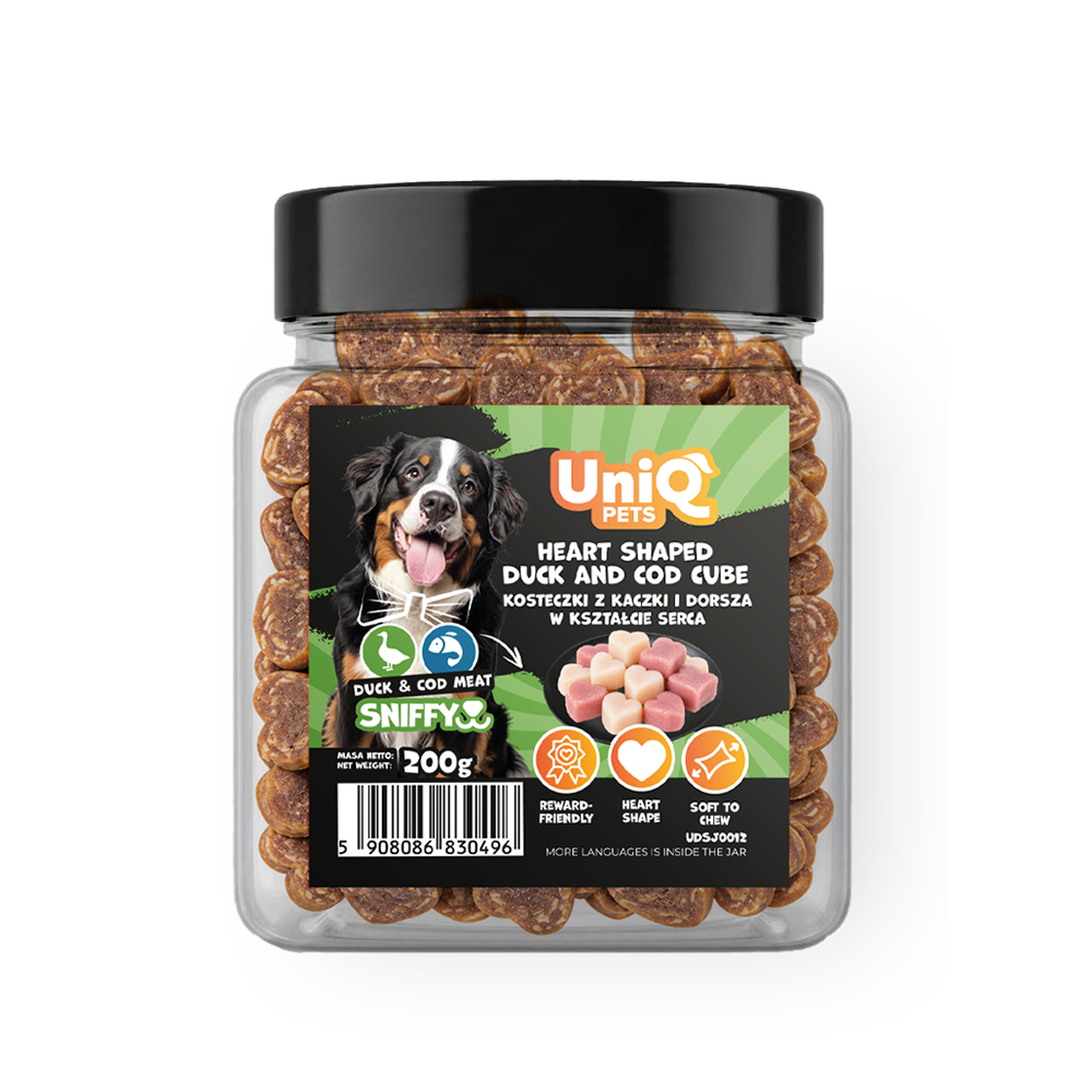 UNIQ PETS DOG SNACKS SNIFFY Heart Shaped Duck+Cod Cube 200g Jar