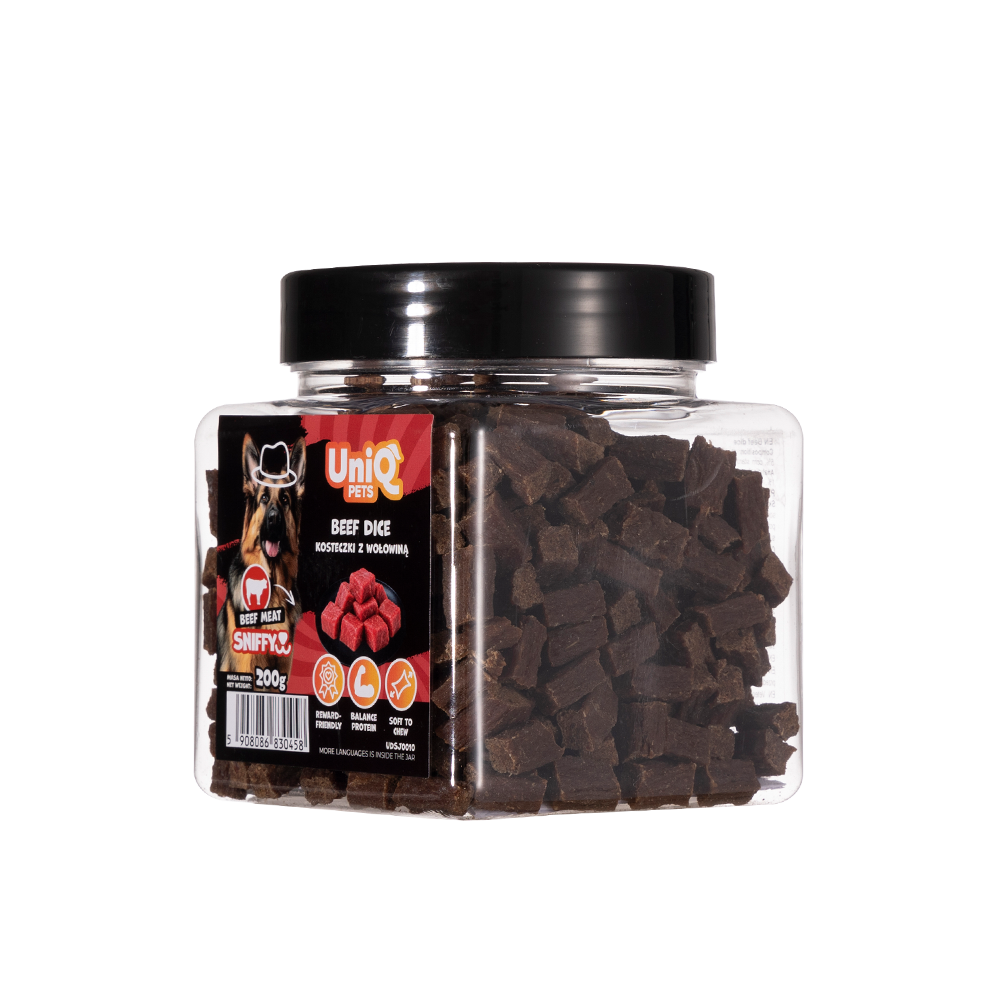 UNIQ PETS DOG SNACKS SNIFFY Beef Dice 200g Jar