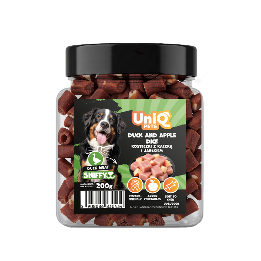 UNIQ PETS DOG SNACKS SNIFFY Duck+Apple Dice 200g Jar