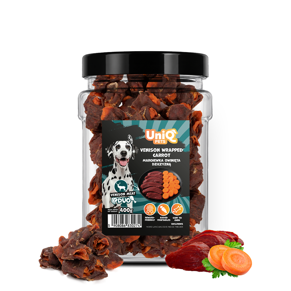 UNIQ PETS DOG SNACKS DUO Venison Wrapped Carrot 400g Jar