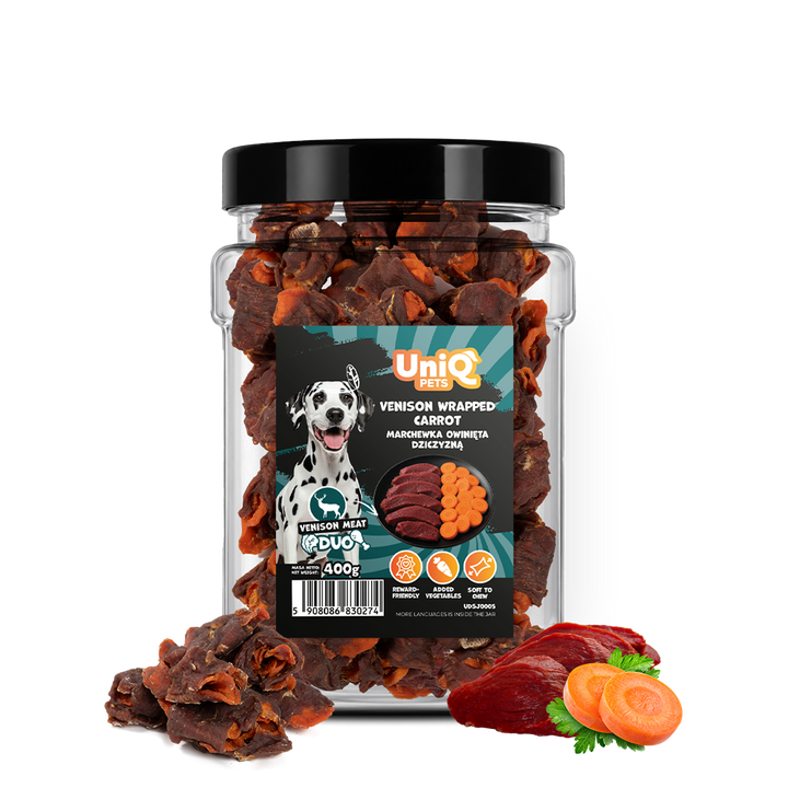 UNIQ PETS DOG SNACKS DUO Venison Wrapped Carrot 400g Jar