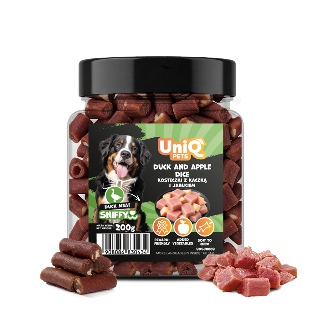 UNIQ PETS DOG SNACKS SNIFFY Duck+Apple Dice 200g Jar