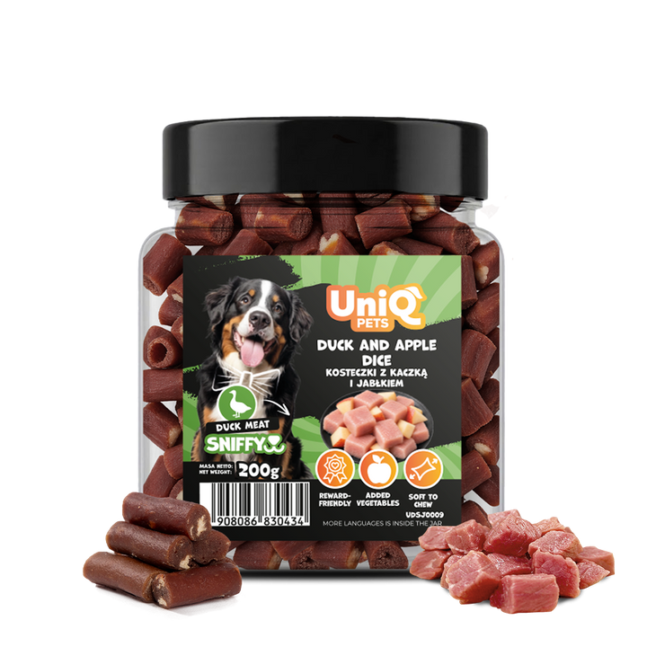 UNIQ PETS DOG SNACKS SNIFFY Duck+Apple Dice 200g Jar